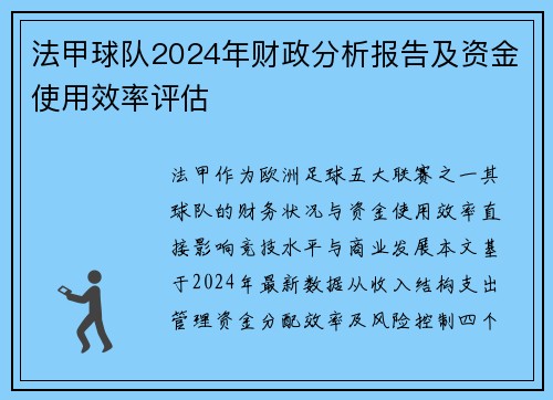法甲球队2024年财政分析报告及资金使用效率评估
